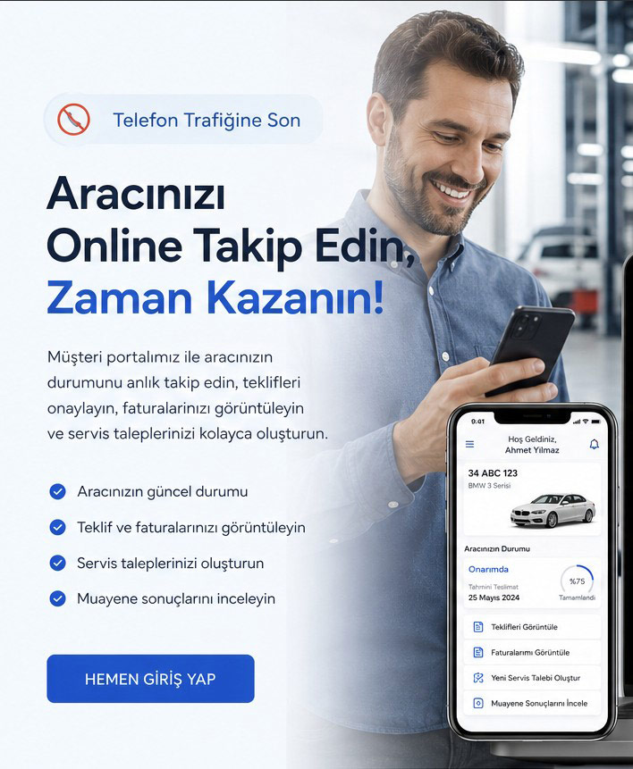 Oto servis müşteri online araç takip sistemi mobil arayüzü ve akıllı telefon ekranı
