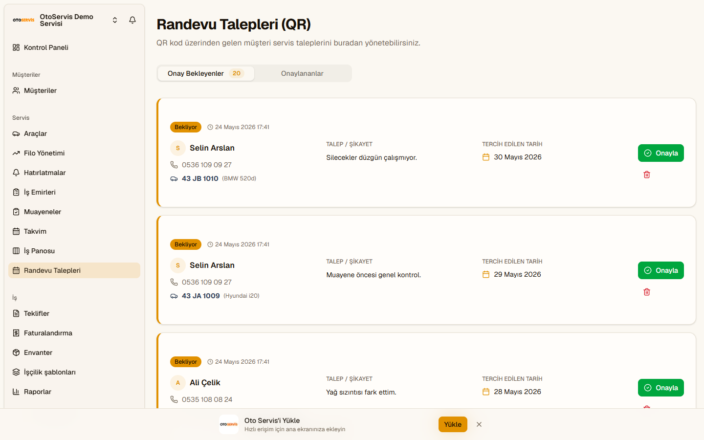 7/24 Online Servis Randevu Formu ve Müşteri Onay Sistemi